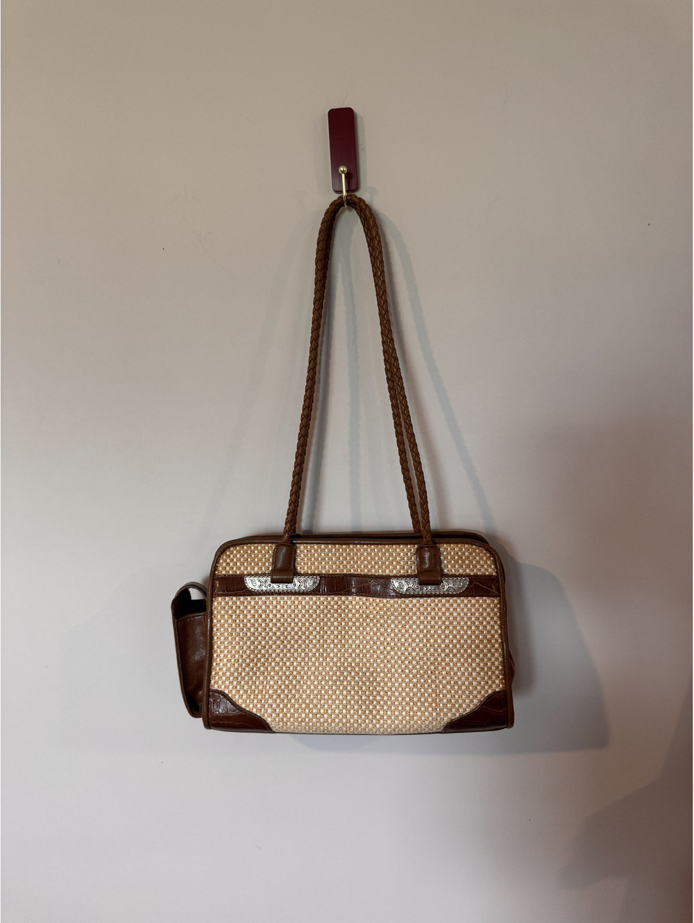 Y2K Vintage Bueno Woven Straw Shoulder Bag Brown Croc Trim Western Boho Purse